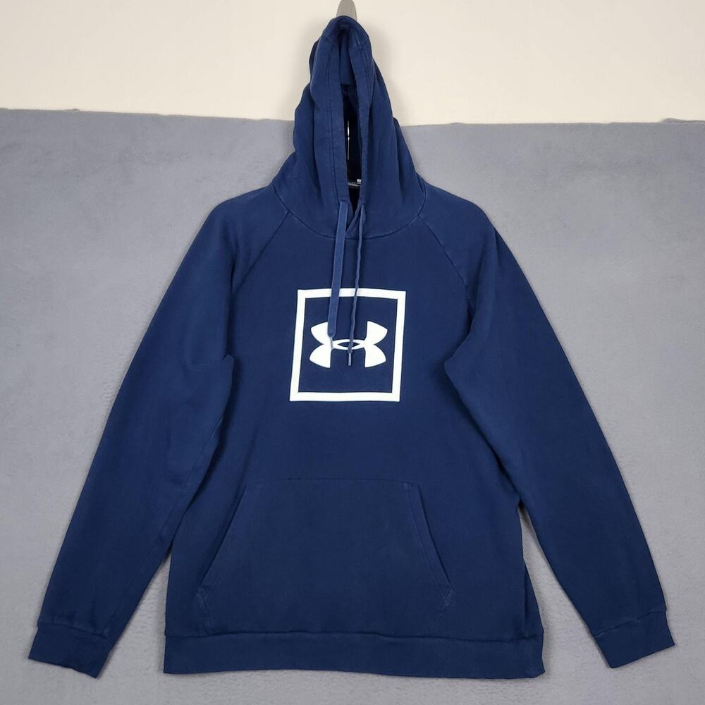 UNDER ARMOUR Hoodie Mens XL Blue Pullover Fleece Logo Graphic Kangaroo Pocket